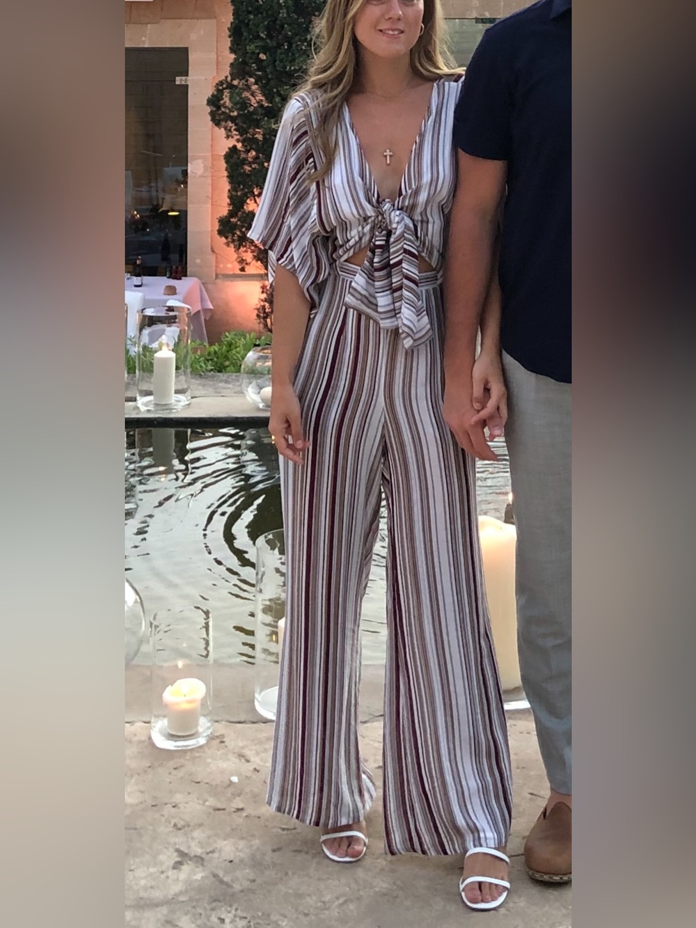 Faithfull the Brand Brown & Cream Striped V-Neck Tie-Waist Jumpsuit